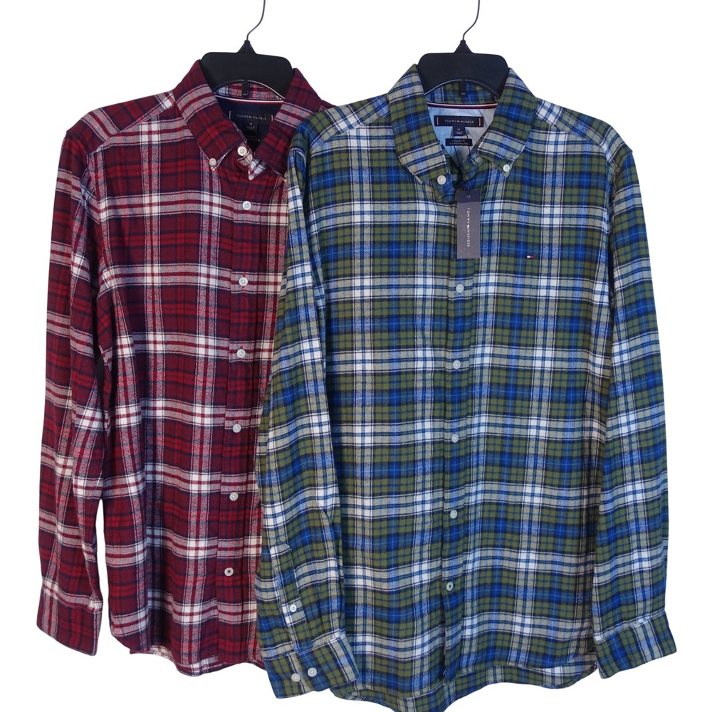 Tommy Hilfiger Shirt Men Medium Regular Fit Plaid Flannel Button Up Lot of 2